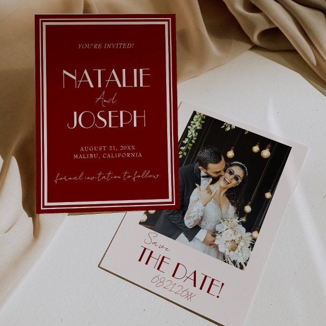 Save The Date Elegant Deep Red Ivory Old Money Photo Wedding (Créateur téléchargé)