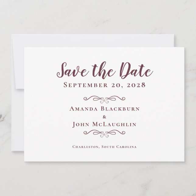 Save The Date Élégant Delicate Romantique Calligraphie Bourgogne (Devant)