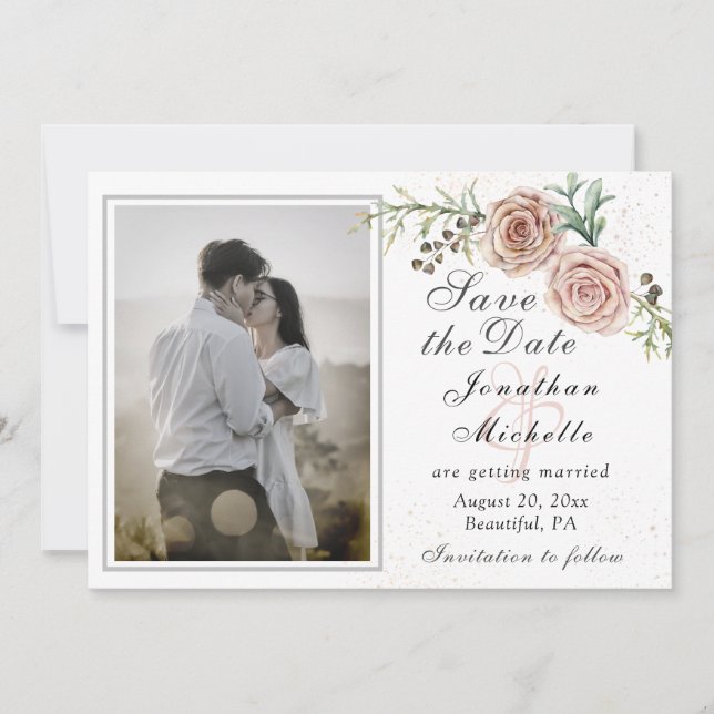 Save The Date Elégant deux roses roses rose Photo Mariage inspir (Devant)