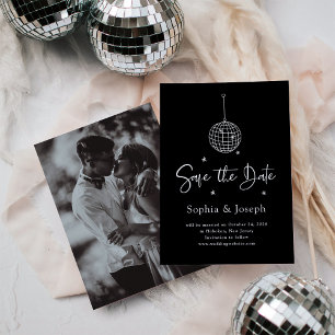 Save The Date Élégant Disco Ball Minimaliste Noir   Photo