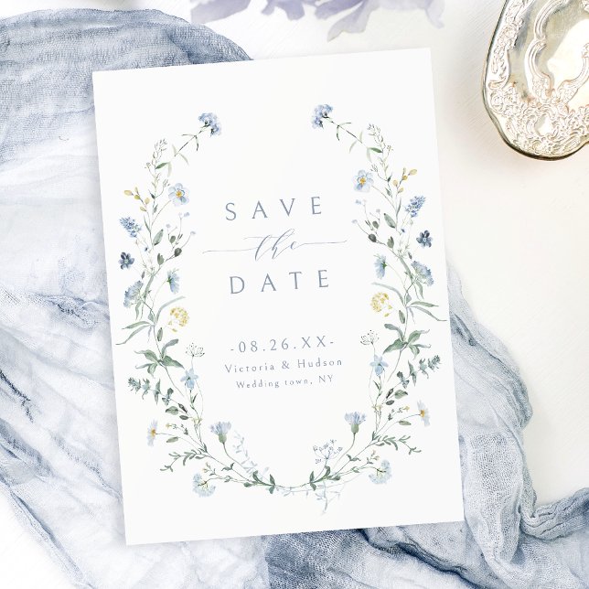 Save The Date Elégant Dusty Blue Fleur sauvage Rustic Boho Maria (Elegant Dusty Blue Wildflower Rustic Boho Wedding Save The Date)