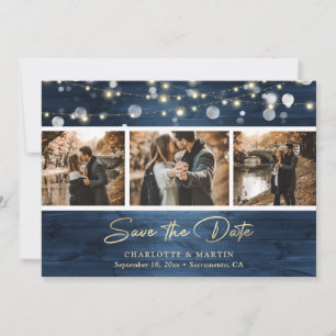 Save The Date Elégant Dusty Blue Gold Foil Wood Mariage Photo