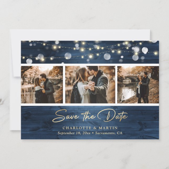 Save The Date Elégant Dusty Blue Gold Foil Wood Mariage Photo (Devant)