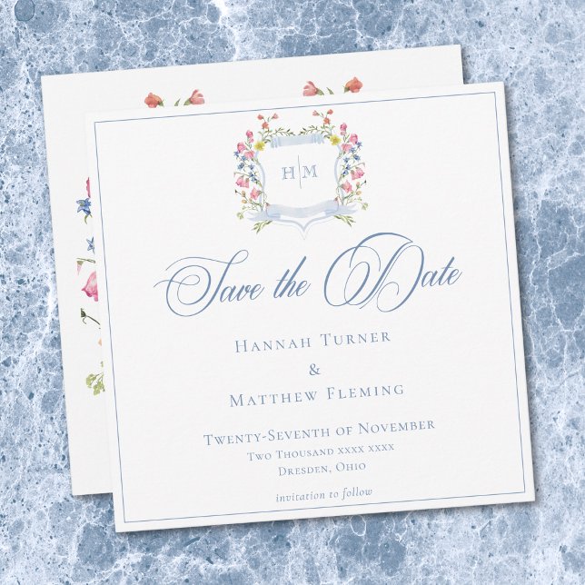 Save The Date Elegant Dusty Blue Pastel Wildflower Crest Wedding (Elegant Blue Pastel Wildflower Crest Wedding Save The Date)