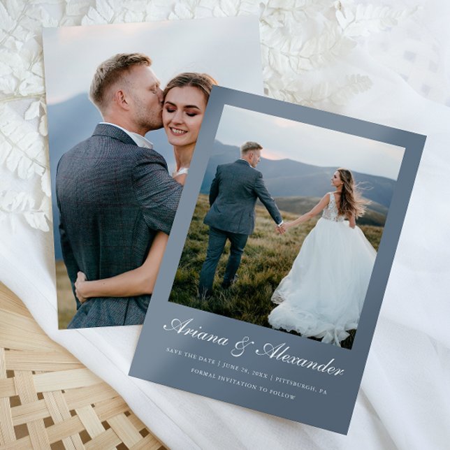 Save The Date Élégant Dusty Blue Script Deux Mariage photo (Créateur téléchargé)