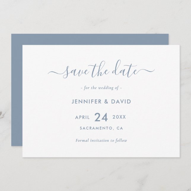 Save The Date Elégant Dusty Blue Script Wedding Enregistrer La D (Devant / Derrière)