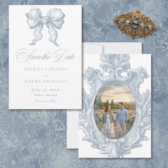Save The Date Elegant Dusty Blue Toile French Manor Photo (Elegant Dusty Blue Toile French Manor Photo Save The Date)