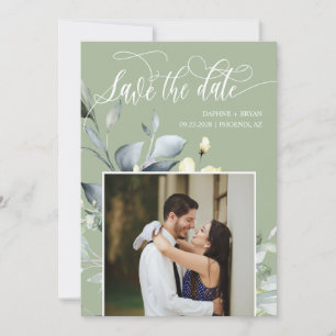 Save The Date Elégant Dusty Green Feuilles QR Code Mariage photo