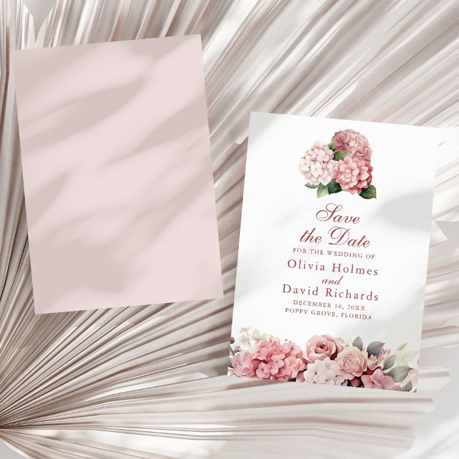 Save The Date Élégant Dusty Rose Hydrangea Mariage (Elegant Dusty Rose Hydrangea Wedding Save The Date on a sunny neutral dry palm leaf.)