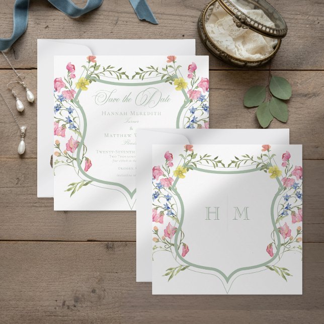 Save The Date Elegant Dusty Sage Pastel Wildflower Crest Wedding (Créateur téléchargé)