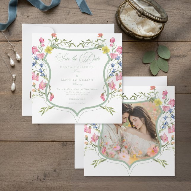Save The Date Elegant Dusty Sage Wildflower Crest Photo Wedding (Créateur téléchargé)