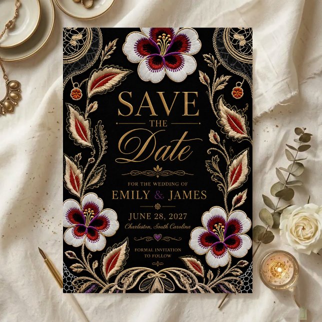 Save The Date Elegant Embroidered Floral (Créateur téléchargé)
