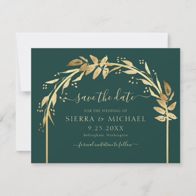 Save The Date Élégant Emerald Green Gold Foliage Arch Mariage (Devant)