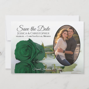 Save The Date Élégant Emerald Green Rose Oval Photo Mariage