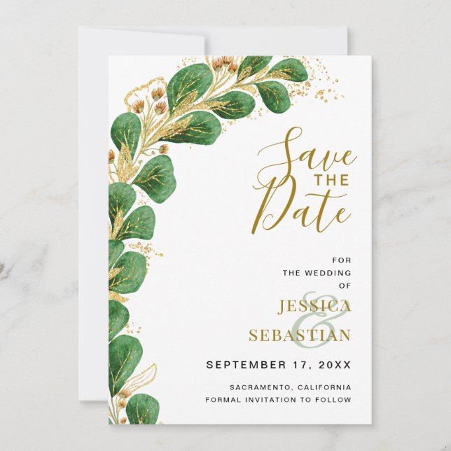 Save The Date Élégant Émeraude Vert et Or Eucalyptus (Devant)
