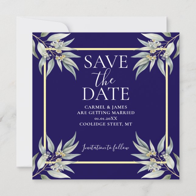 Save The Date Élégant Enregistrer la Date Boho Eucalyptus Feuill (Devant)