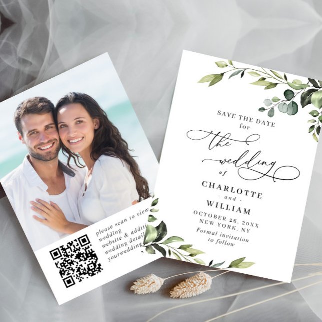 Save The Date Elégant Eucalyptus Aquarelle Floral Mariage PHOTO (Créateur téléchargé)