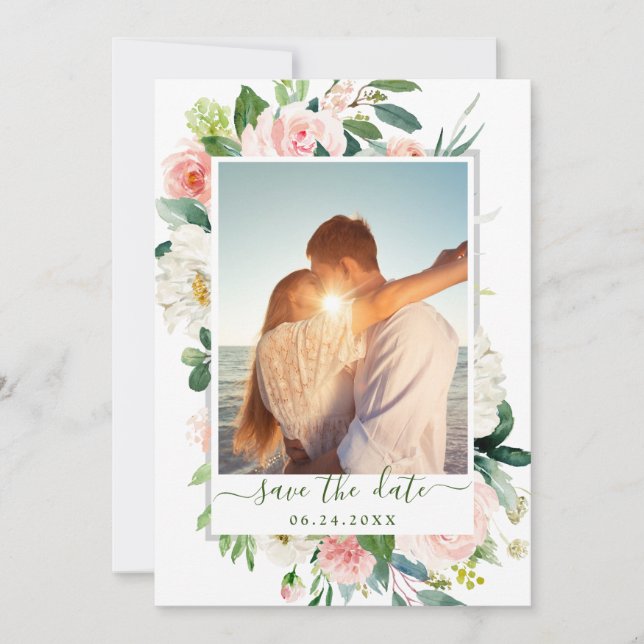 Save The Date Elégant Eucalyptus Blush Rose Flower Mariage PHOTO (Devant)