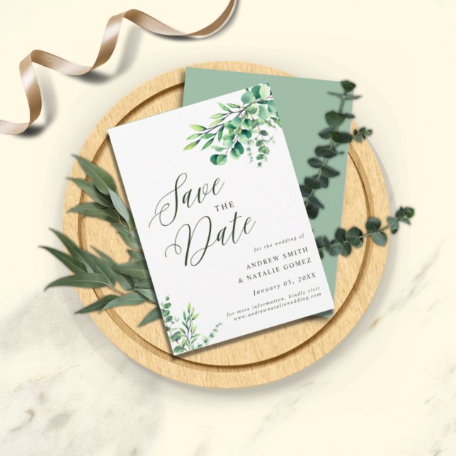 Save The Date Élégant Eucalyptus Feuille  photo Mariage (Créateur téléchargé)