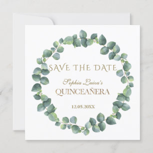 Save The Date Élégant Eucalyptus Foliage Or Quinceañera