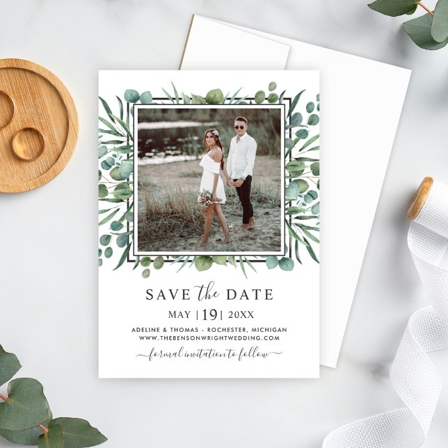 Save The Date Elégant Eucalyptus Mariage Photo (Créateur téléchargé)
