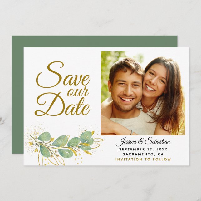 Save The Date Elégant Eucalyptus Mariage photo (Devant / Derrière)