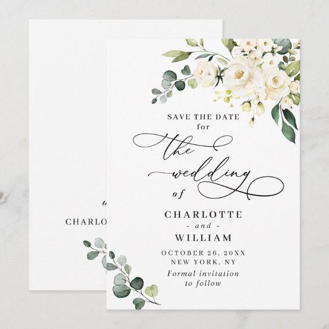 Save The Date Élégant Eucalyptus Roses Blanches Mariage Floral (Devant / Derrière)