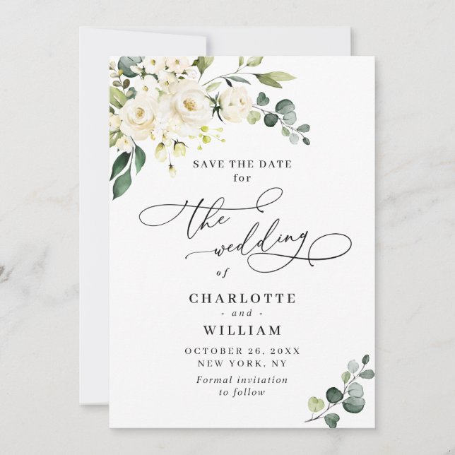 Save The Date Elégant Eucalyptus Roses Blanches Mariage Floral (Devant)