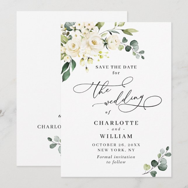 Save The Date Elégant Eucalyptus Roses Blanches Mariage Floral (Devant / Derrière)