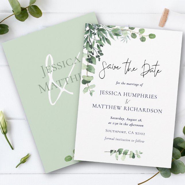 Save The Date Elégant Eucalyptus Vert Mariage blanc plat (Elegant Eucalyptus Green White Wedding Flat Save The Date)
