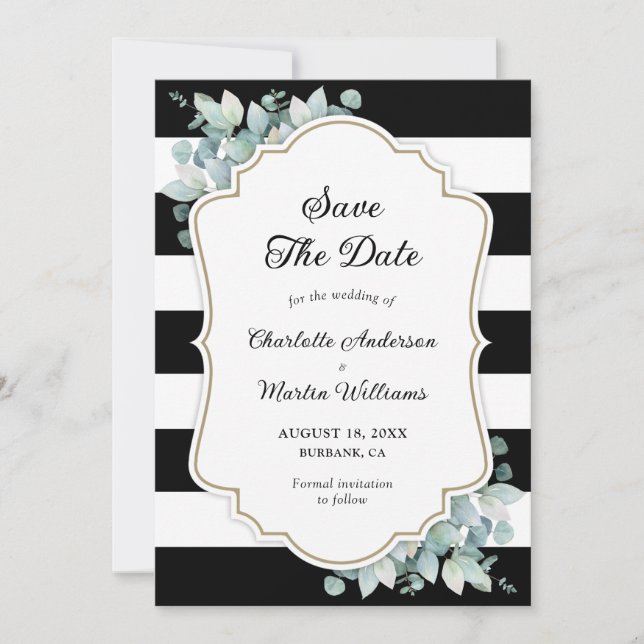 Save The Date Elégant Eucalyptus Vert Mariage noir blanc (Devant)