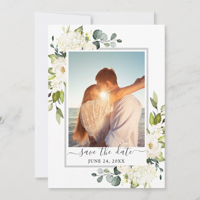 Save The Date Elégant Eucalyptus White Roses Mariage PHOTO (Devant)