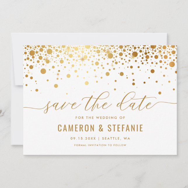 Save The Date Elégant Faux Gold Foil Confetti Moderne Blanc (Devant)