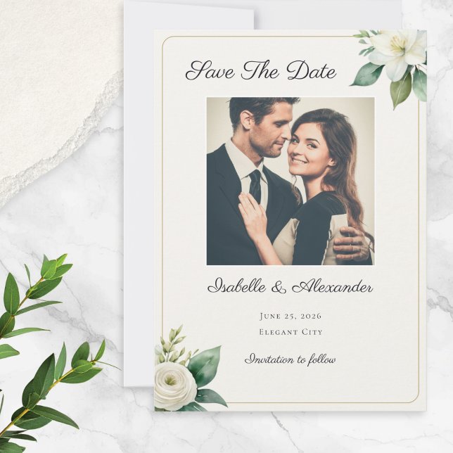 Save The Date Elegant Faux Gold Frame White Floral Custom Photo (A 'Save the Date' greetings card personalized with the couple's photo, names, wedding date and place)