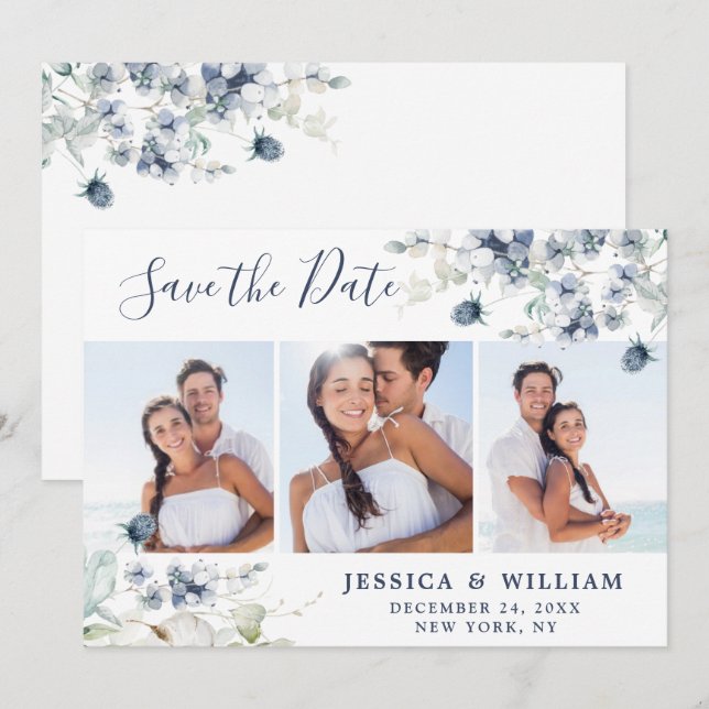 Save The Date Élégant feuillage bleu poussiéreux de mariage 3 PH (Devant / Derrière)