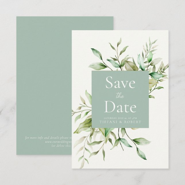 Save The Date Élégant feuillage Eucalyptus Vert Sage (Devant / Derrière)