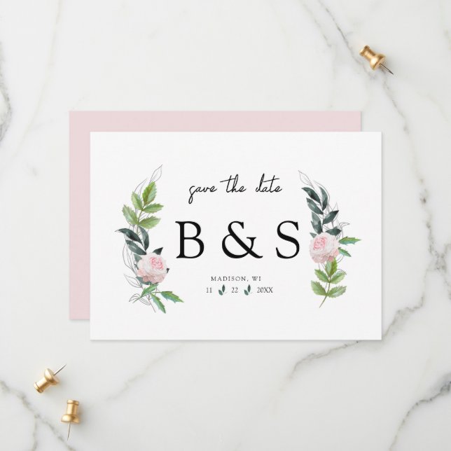Save The Date Élégant feuillage rose Floral Monogramme (Devant/Arrière en situation)