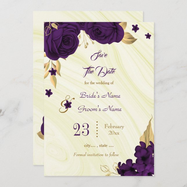 Save The Date élégant feuille royal violet or floral (Devant / Derrière)