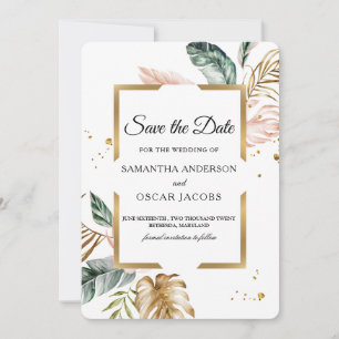 Save The Date Élégant Feuilles d'or rose-rose Gouttes d'or