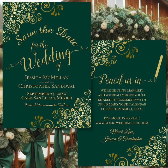 Save The Date Élégant Filigree Or Fancy Mariage vert émeraude (Front/Back)