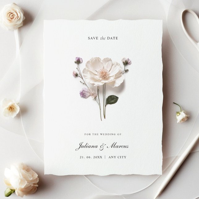 Save The Date Élégant Fleur Pressée Blanche Chic (Créateur téléchargé)