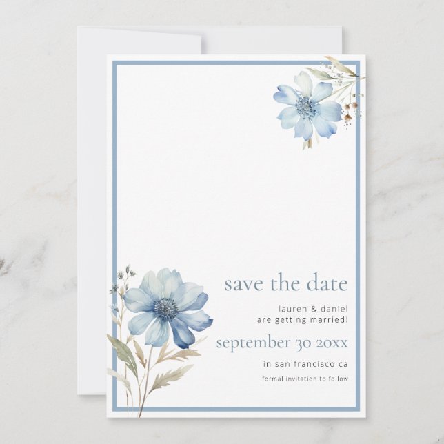 Save The Date Elégant Fleur sauvage bleu Dusty QR Code Mariage (Devant)