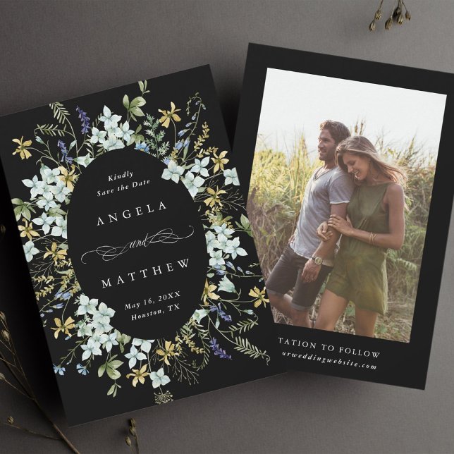 Save The Date Elégant Fleur sauvage Oval Frame Mariage Photo Bla (Créateur téléchargé)