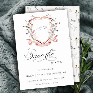 Save The Date Élégant Fleur sauvage rose Monogramme Aquarelle Cr