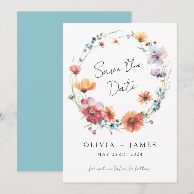 Save The Date Élégant Fleur sauvage Wreath Mariage d'été (Devant / Derrière)