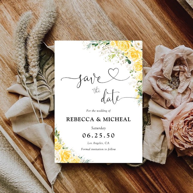 Save The Date Élégant Fleurs Jaunes de Mariage, Sauvegarder la D (Créateur téléchargé)
