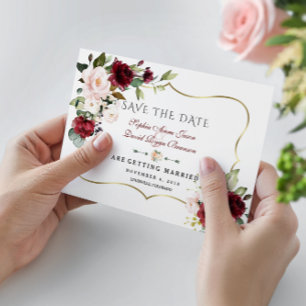 Save The Date Élégant Fleurs Roses Bourgogne Cadre Doré Mariage