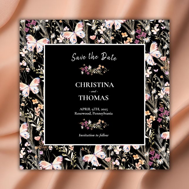 Save The Date Élégant Fleurs sauvages de Boho Noir Enregistrer l (Créateur téléchargé)