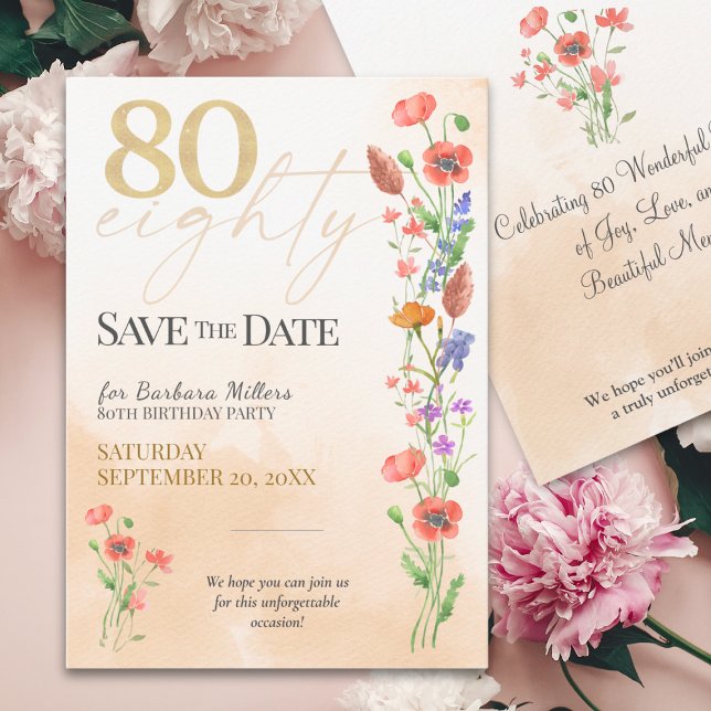 Save The Date Elégant Floral 80e anniversaire, 80 ans aquarelle (Créateur téléchargé)