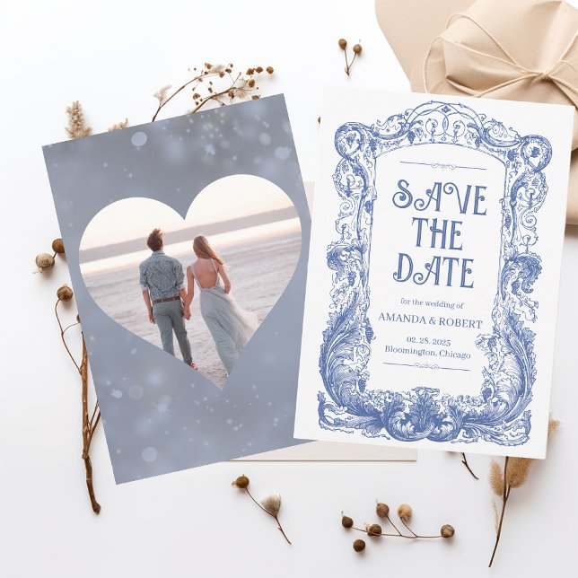 Save The Date Élégant Floral Baroque Blue Colonne Mariage (Créateur téléchargé)